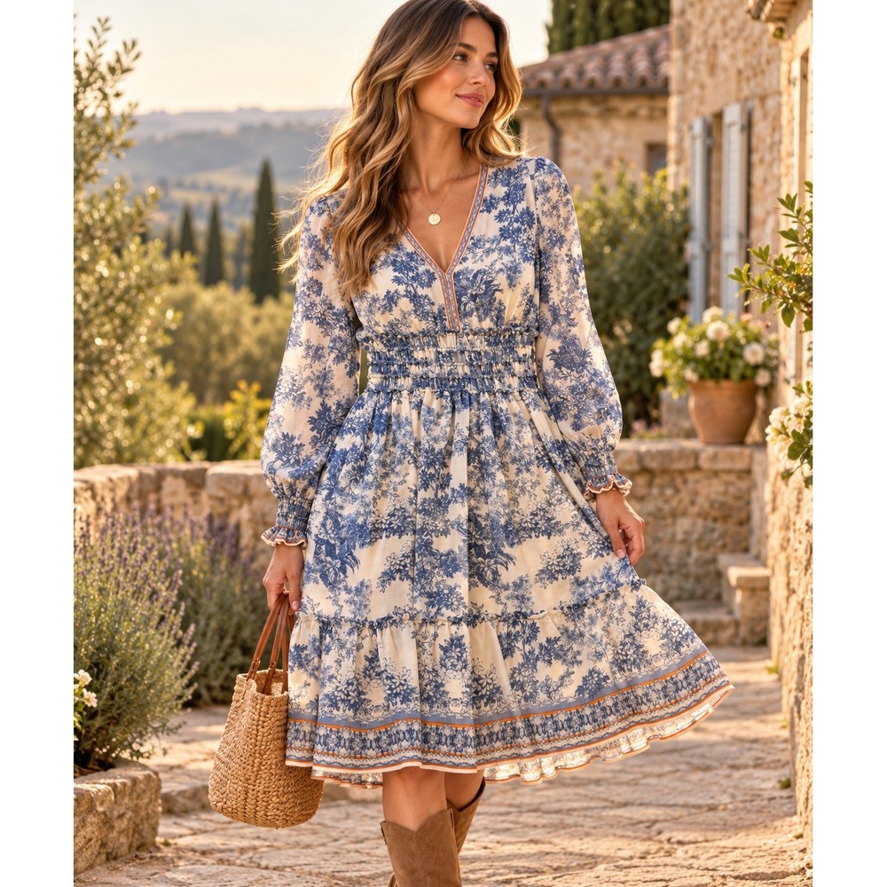 French Country Cottagecore Midi Dress Smocked Waist Floral Tiered Boho Sz M